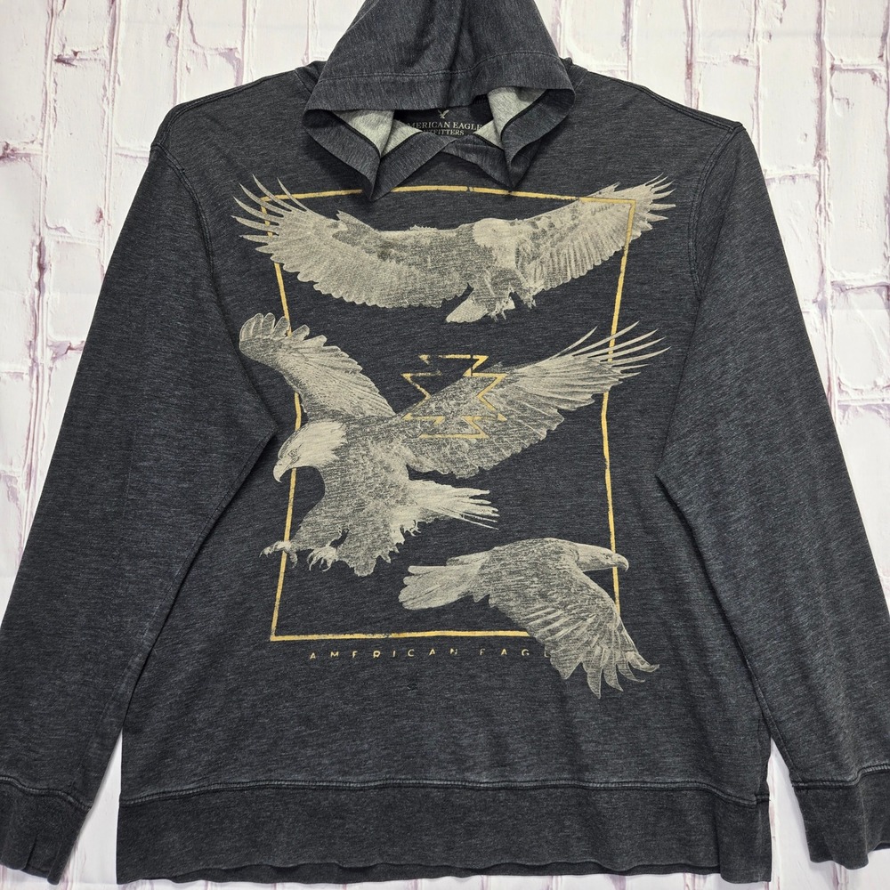 American Eagle Hoodie Gray Graphic Logo Eagle Lightweight Pullover Mens XL